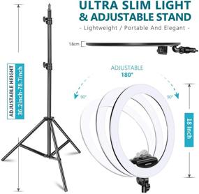 img 2 attached to Обновленный набор Neewer Ring Light - 18 дюймов, Узкий дизайн 1.8 см - Диммируемая светодиодная кольцевая лампа с подставкой для освещения, зажимом для телефона, адаптером на горячий башмак для портретного макияжа и видеосъемки (черный), 3200-5600K.