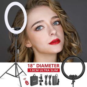 img 4 attached to Обновленный набор Neewer Ring Light - 18 дюймов, Узкий дизайн 1.8 см - Диммируемая светодиодная кольцевая лампа с подставкой для освещения, зажимом для телефона, адаптером на горячий башмак для портретного макияжа и видеосъемки (черный), 3200-5600K.