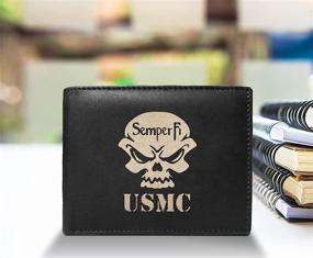 img 3 attached to US Marine Corps Semper Fi USMC Genuine Cowhide Leather Laser Engraved Black Slimfold Wallet – Men's Large Capacity Luxury Purse with Card Holder Organizer, 14 Pockets – Minimalist, Sleek, and Slim Design