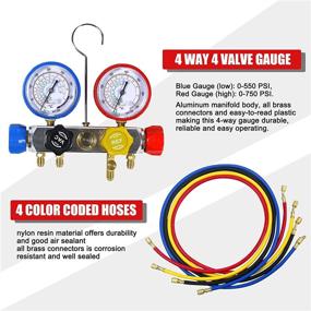 img 1 attached to 🔧 AutoWanderer 4-Way A/C Diagnostic Manifold Gauge Set - 5 FT Color Code Hose, 3 Acme Adapters, Adjustable Couplers, Can Tap & Carrying Case - Compatible with R134A, R410A, and R22 - Red