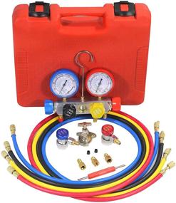 img 4 attached to 🔧 AutoWanderer 4-Way A/C Diagnostic Manifold Gauge Set - 5 FT Color Code Hose, 3 Acme Adapters, Adjustable Couplers, Can Tap & Carrying Case - Compatible with R134A, R410A, and R22 - Red