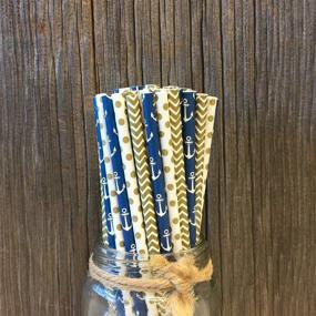 img 3 attached to 🌊 Navy Blue Gold White Nautical Anchor Themed Paper Straws - Chevron Polka Dot Design - 7.75 Inches - 100 Pack by Outside the Box Papers