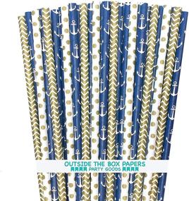 img 4 attached to 🌊 Navy Blue Gold White Nautical Anchor Themed Paper Straws - Chevron Polka Dot Design - 7.75 Inches - 100 Pack by Outside the Box Papers