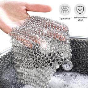 img 3 attached to 🧤 8"x6" 316L Stainless Steel Cast Iron Cleaner with Magic Dishwashing Cleaning Sponge Gloves - Chainmail Scrubber Pan Scraper Cookware Accessories for Dutch Ovens, Polycarbonate Skillet Scraper