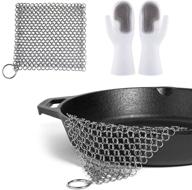 🧤 8"x6" 316l stainless steel cast iron cleaner with magic dishwashing cleaning sponge gloves - chainmail scrubber pan scraper cookware accessories for dutch ovens, polycarbonate skillet scraper logo