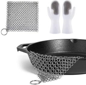 img 4 attached to 🧤 8"x6" 316L Stainless Steel Cast Iron Cleaner with Magic Dishwashing Cleaning Sponge Gloves - Chainmail Scrubber Pan Scraper Cookware Accessories for Dutch Ovens, Polycarbonate Skillet Scraper