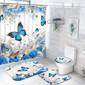 img 4 attached to 4-Piece Flower Butterfly Bathroom Set: Shower Curtain, Non-Slip Rug, Toilet Lid Cover, and Bath Mat in Colorful Floral Design. Includes 12 Hooks. Waterproof, Blue Fabric Bath Shower Curtain.