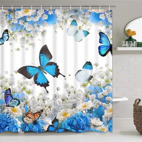 img 2 attached to 4-Piece Flower Butterfly Bathroom Set: Shower Curtain, Non-Slip Rug, Toilet Lid Cover, and Bath Mat in Colorful Floral Design. Includes 12 Hooks. Waterproof, Blue Fabric Bath Shower Curtain.