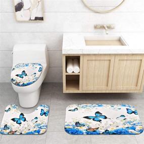 img 1 attached to 4-Piece Flower Butterfly Bathroom Set: Shower Curtain, Non-Slip Rug, Toilet Lid Cover, and Bath Mat in Colorful Floral Design. Includes 12 Hooks. Waterproof, Blue Fabric Bath Shower Curtain.