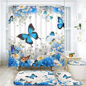 img 3 attached to 4-Piece Flower Butterfly Bathroom Set: Shower Curtain, Non-Slip Rug, Toilet Lid Cover, and Bath Mat in Colorful Floral Design. Includes 12 Hooks. Waterproof, Blue Fabric Bath Shower Curtain.