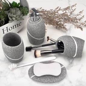 img 1 attached to 🚽 Bathroom Accessory Set - 4-Piece Complete Vanity Countertop Decor, Including Soap Dispenser, Toothbrush Holder, Tumbler, and Soap Dish - Grey Granite Finish