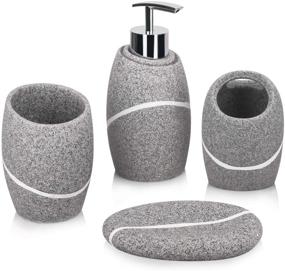 img 4 attached to 🚽 Bathroom Accessory Set - 4-Piece Complete Vanity Countertop Decor, Including Soap Dispenser, Toothbrush Holder, Tumbler, and Soap Dish - Grey Granite Finish