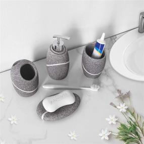 img 3 attached to 🚽 Bathroom Accessory Set - 4-Piece Complete Vanity Countertop Decor, Including Soap Dispenser, Toothbrush Holder, Tumbler, and Soap Dish - Grey Granite Finish