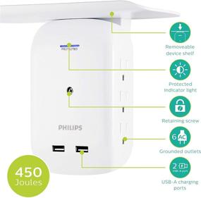 img 3 attached to 🔌 Удлинитель Philips с 6 розетками и 2 портами USB, боковым доступом, стенным переходником, съемной полкой для зарядки устройств, зарядным устройством, индикатором защиты, 450Дж, 2,4А, 12Вт, белый, SPS6024WA/37.