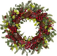 🎄 20-inch christmas wreath with wood leaves, black and red buffalo check, berries, pine branches, and pine cones – winter decorations for front door, christmas holiday логотип