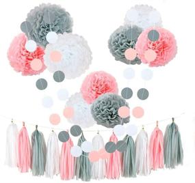 img 3 attached to 🎉 23-штучные бумажные цветы ЧОТИКА Помпоны для вечеринки в стиле девочки на первый день рождения - наборы принадлежностей для вечеринки для душа малыша из фольгированной бумаги (розовый-белый-серый)