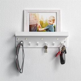 img 1 attached to 🔑 White Acrylic Magnetic Key Rack with Tray & 6 Hooks - Wall Mounted Key Holder with Top Shelf for Entryway Hallway