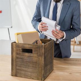 img 2 attached to 📦 Rustic Brown Wood Decorative Storage Cube Boxes with Handles: Large, Stackable Organizing Bins for Toy, Clothes, Books, Office - 11” x 11” x 11”