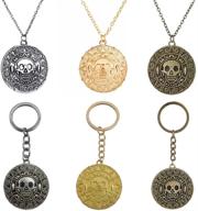 pirates of the caribbean aztec gold coins & skull heads pendant set: 6pcs keychain necklaces for fans logo