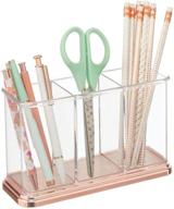 🖋️ mdesign plastic organizer cup holder for desks and office - divided storage for pens, pencils, markers, scissors - clear/rose gold logo