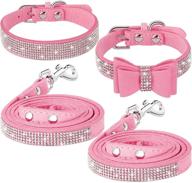 🐶 4-piece bling puppy collar set: rhinestone dog collar, bling pet collar with bow, and 2 dog leashes for pet dog cat puppy - pink, small logo