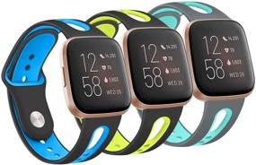 img 4 attached to 💪 [Пакет 3] Мягкие воздухопроницаемые силиконовые браслеты для Fitbit Versa 2 / Fitbit Versa/Versa Lite/Versa SE, запасные аксессуары для запястий для женщин и мужчин - Большой размер, черный/синий+черный/зеленый+серый/голубой