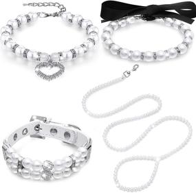 img 4 attached to 🐶 Stylish 4-piece Pearl Dog Collar Leash Set with Rhinestone Crystal Accents - Perfect Jewelry for Small Cats, Puppies, and Kittens