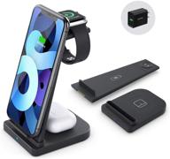 3-in-1 qi-certified fast wireless charging station for apple watch series 6/5/4/3/2, airpods pro, and iphone 12/12pro/11/11pro/x/xs/xr/xs max/8/8 plus (includes 15w adapter) - black logo