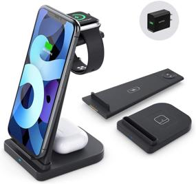 img 4 attached to 3-in-1 Qi-Certified Fast Wireless Charging Station for Apple Watch Series 6/5/4/3/2, Airpods Pro, and iPhone 12/12pro/11/11pro/X/XS/XR/XS Max/8/8 Plus (Includes 15W Adapter) - Black