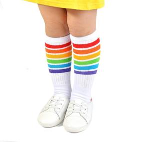 img 1 attached to 🌈 EPEIUS Baby Girl Rainbow Striped Knee High Socks with Non-Skid Grip - Ideal Uniform Tube Stockings for Infants, Toddlers, and Children