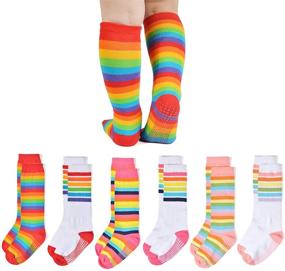 img 4 attached to 🌈 EPEIUS Baby Girl Rainbow Striped Knee High Socks with Non-Skid Grip - Ideal Uniform Tube Stockings for Infants, Toddlers, and Children