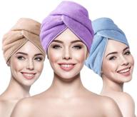 innelo 3 pack microfiber hair towel wrap for women - hair drying towels turban with buttons - super anti frizz absorbent & soft drying hair wraps for curly, long & thick hair in purple blue coffee logo