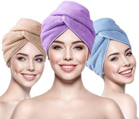 img 4 attached to INNELO 3 Pack Microfiber Hair Towel Wrap for Women - Hair Drying Towels Turban with Buttons - Super Anti Frizz Absorbent & Soft Drying Hair Wraps for Curly, Long & Thick Hair in Purple Blue Coffee