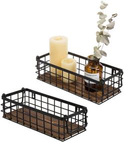 img 4 attached to 🧺 Set of 2 Rustic Black Metal Wire and Burnt Wood Small Decorative Storage Baskets with Handles - Versatile Wall Mounted or Tabletop Organizers from MyGift
