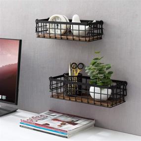 img 3 attached to 🧺 Set of 2 Rustic Black Metal Wire and Burnt Wood Small Decorative Storage Baskets with Handles - Versatile Wall Mounted or Tabletop Organizers from MyGift