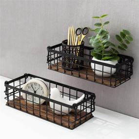 img 2 attached to 🧺 Set of 2 Rustic Black Metal Wire and Burnt Wood Small Decorative Storage Baskets with Handles - Versatile Wall Mounted or Tabletop Organizers from MyGift