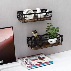 img 1 attached to 🧺 Set of 2 Rustic Black Metal Wire and Burnt Wood Small Decorative Storage Baskets with Handles - Versatile Wall Mounted or Tabletop Organizers from MyGift