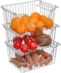 img 3 attached to Homics Large Capacity Stacking Wire Baskets for Pantry Organization and Storage - Steel Metal Fruit and Vegetable Organizers for Kitchen Counter and Cabinet Shelf - 3 Pack