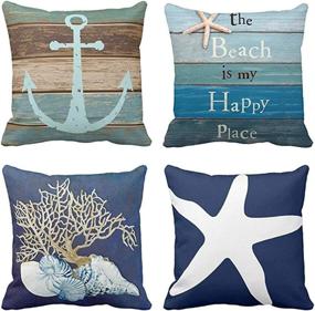 img 4 attached to 🌊 Emvency Set of 4 Nautical Coastal Beach Throw Pillow Covers - Blue Turquoise Anchor, Weathered Wood Design - Decorative Pillow Cases for Home Décor - Square 20x20 Inches Pillowcases