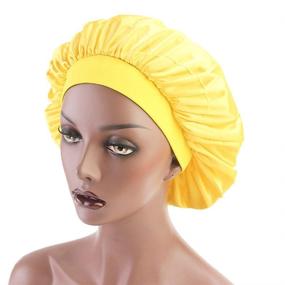 img 2 attached to Yellow Elastic Wide Band Night Sleep Cap Hair Bonnet Hat: Comfortable Head Cover for Women and Girls