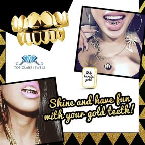 img 2 attached to 💎 24k Gold Plated Teeth Grills: Top Class Jewels for Men and Women - Hip hop, Vampire Fangs, with Extra Molding Bars and Microfiber Cloth