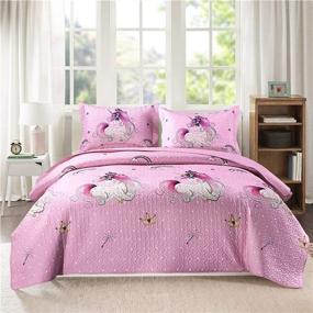 img 4 attached to 🦄 Girls Unicorn Quilt Set - Queen/Full Size Bedding with Cute Kids Print, Reversible & Lightweight Bedspread - Includes Pink Quilt and 2 Pillow Shams - All Season