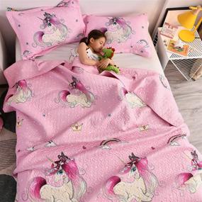 img 2 attached to 🦄 Girls Unicorn Quilt Set - Queen/Full Size Bedding with Cute Kids Print, Reversible & Lightweight Bedspread - Includes Pink Quilt and 2 Pillow Shams - All Season