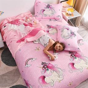 img 1 attached to 🦄 Girls Unicorn Quilt Set - Queen/Full Size Bedding with Cute Kids Print, Reversible & Lightweight Bedspread - Includes Pink Quilt and 2 Pillow Shams - All Season