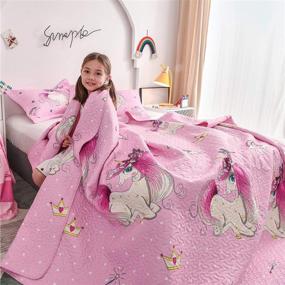 img 3 attached to 🦄 Girls Unicorn Quilt Set - Queen/Full Size Bedding with Cute Kids Print, Reversible & Lightweight Bedspread - Includes Pink Quilt and 2 Pillow Shams - All Season