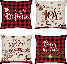 img 4 attached to Farmhouse Christmas Pillow Covers 18×18 Inch Set of 4: Festive Buffalo Plaid & Seasonal Sayings for Sofa Couch Décor