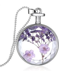img 4 attached to Dried Pressed Purple Flower Necklace | Heart & Round Glass Pendant | Women's & Girl's Fashion Necklace
