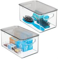 📦 mdesign stackable bathroom storage box with handles and lid - clear/smoke gray, 10" long - ideal for soap, body wash, shampoo, lotion, and more - 2 pack logo