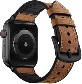 img 4 attached to OUHENG Sweatproof Genuine Leather and Rubber Hybrid Band – Compatible with Apple Watch Series 7 6 5 4 3 2 1 SE, 45mm 44mm 42mm, Brown Band with Black Adapter