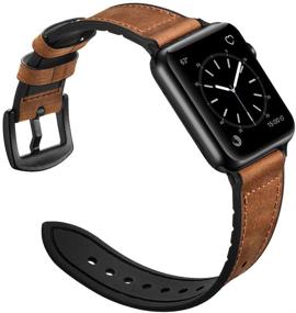 img 2 attached to OUHENG Sweatproof Genuine Leather and Rubber Hybrid Band – Compatible with Apple Watch Series 7 6 5 4 3 2 1 SE, 45mm 44mm 42mm, Brown Band with Black Adapter